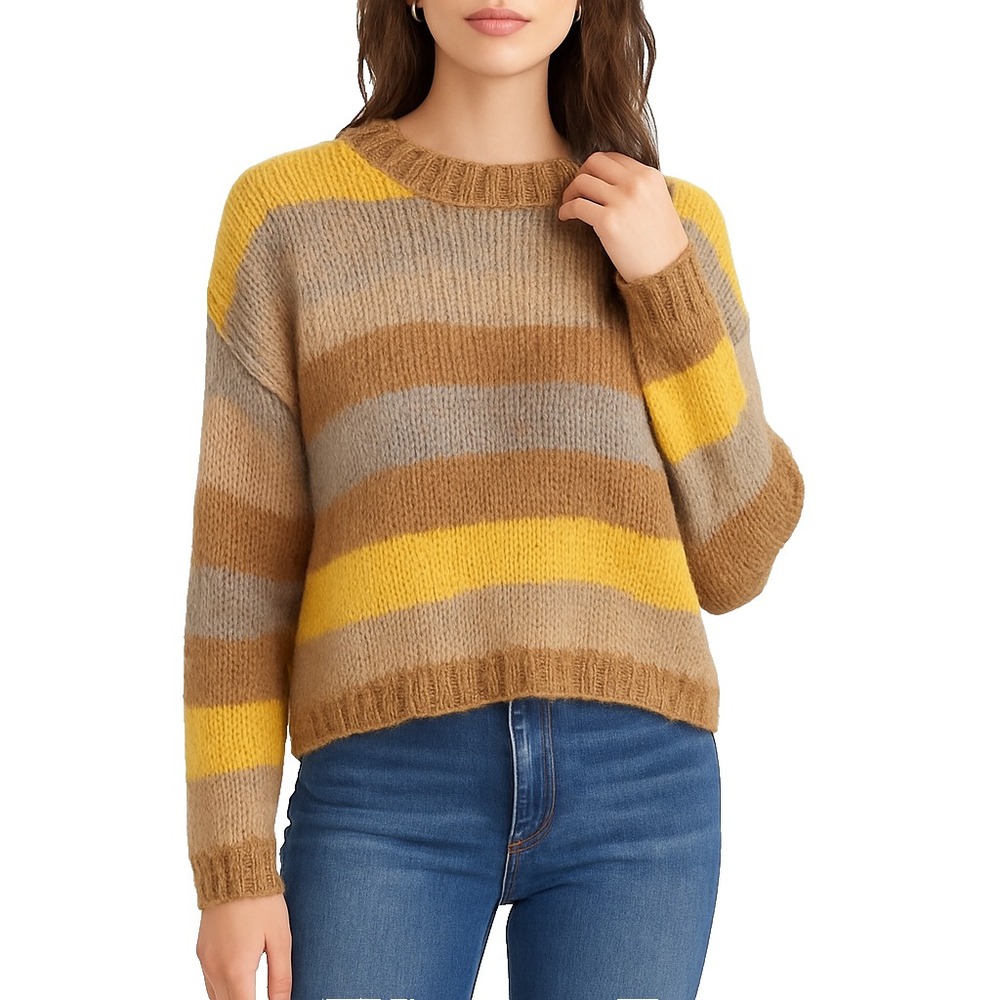 Moon & Madison Striped Chunky Knit Pullover Sweater S Yellow Brown Gray Cozy